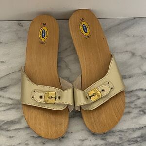 Dr. Scholl's wood Slide Sandals with Gold Buckle size 10 Italy